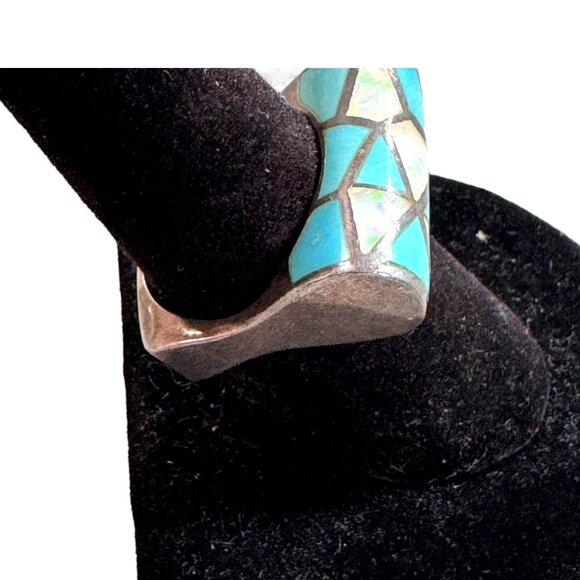 Vintage Sterling Silver Mosaic Inlay Ring  Turquoise & Opal Geometric Design 8 - Picture 7 of 10